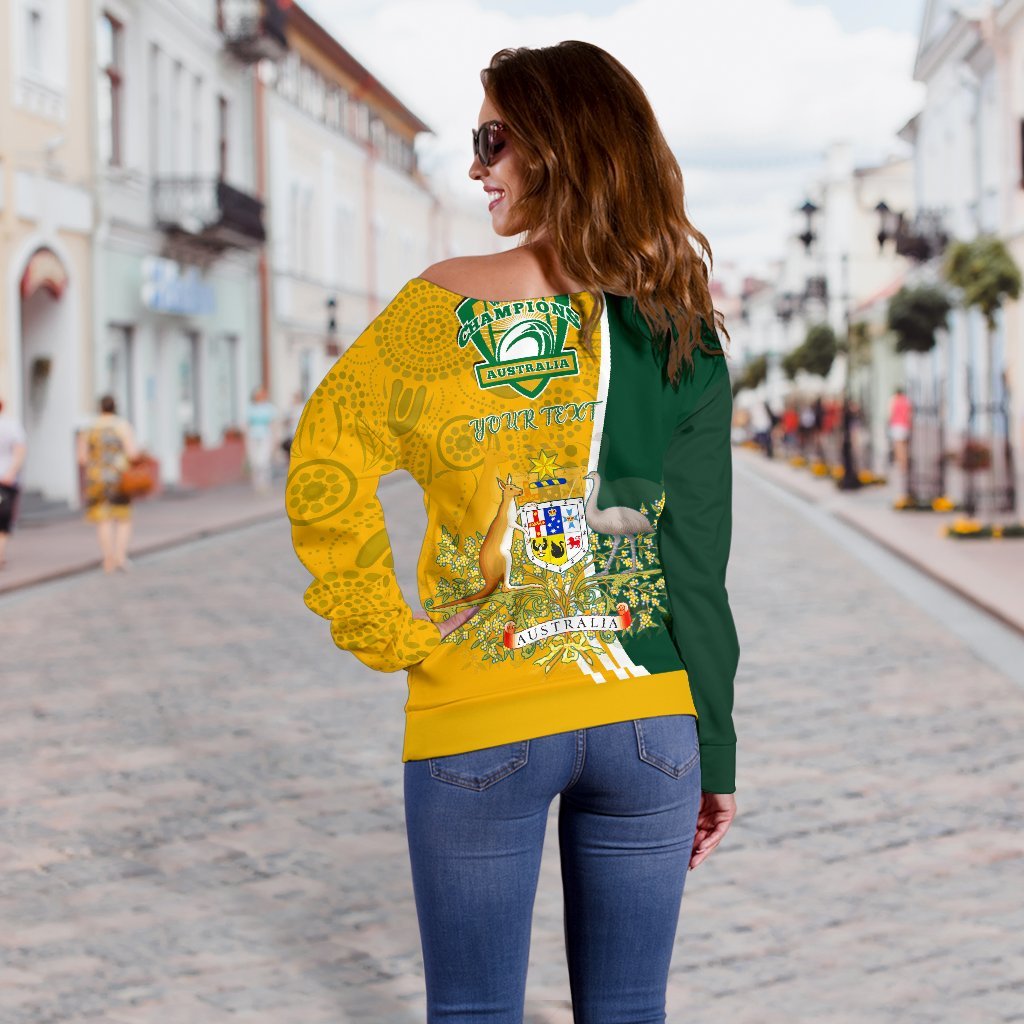 Personalised Women's Off Shoulder Sweater - Australia Coat Of Arm In Rugby Style - Vibe Hoodie