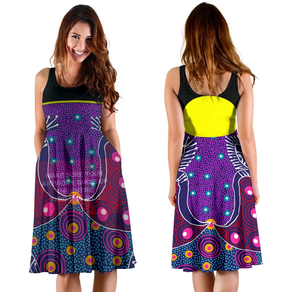 Midi Dress - Aboriginal Sublimation Dot Pattern Style (Violet) - Vibe Hoodie