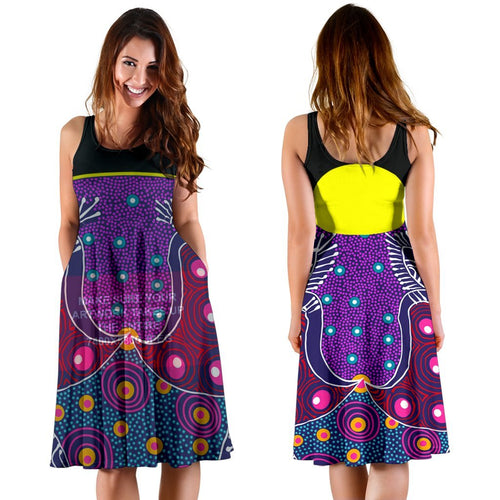 Midi Dress - Aboriginal Sublimation Dot Pattern Style (Violet) - Vibe Hoodie