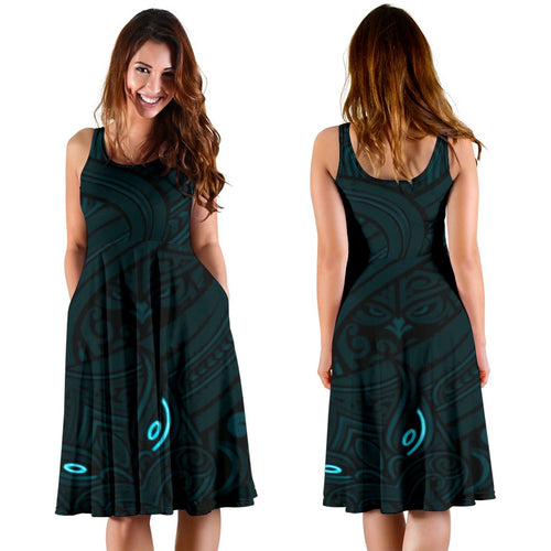 New Zealand Maori Gods Women Midi Dress Tumatauenga (God of War) - Blue - Vibe Hoodie