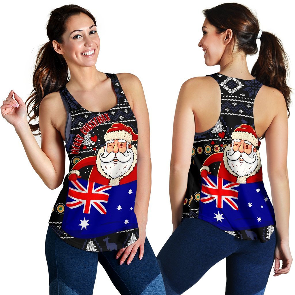 Christmas Women's Racerback Tank - Australia Santa Claus Hold The Flag ( Black) - Vibe Hoodie