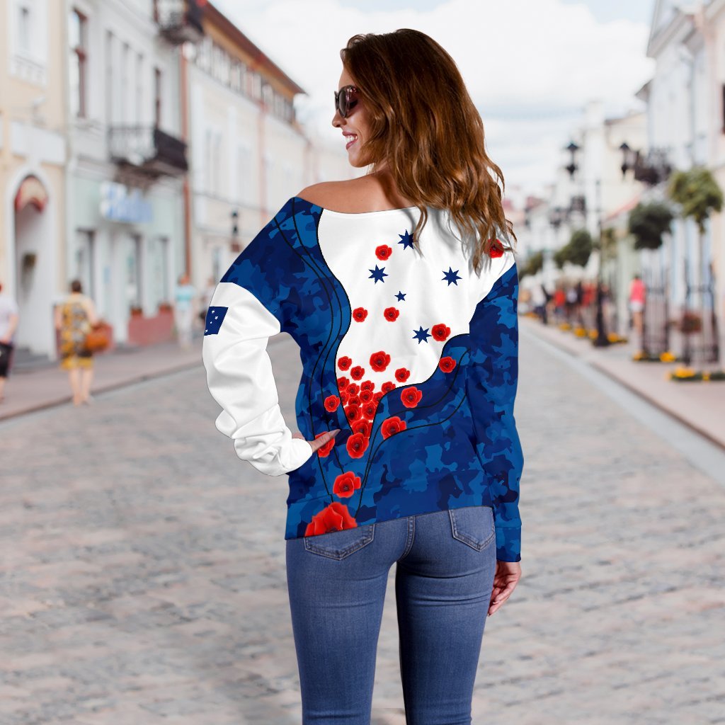 Anzac Lest We Forget Women's Off Shoulder Sweater - Australian Flag Blue - - Vibe Hoodie