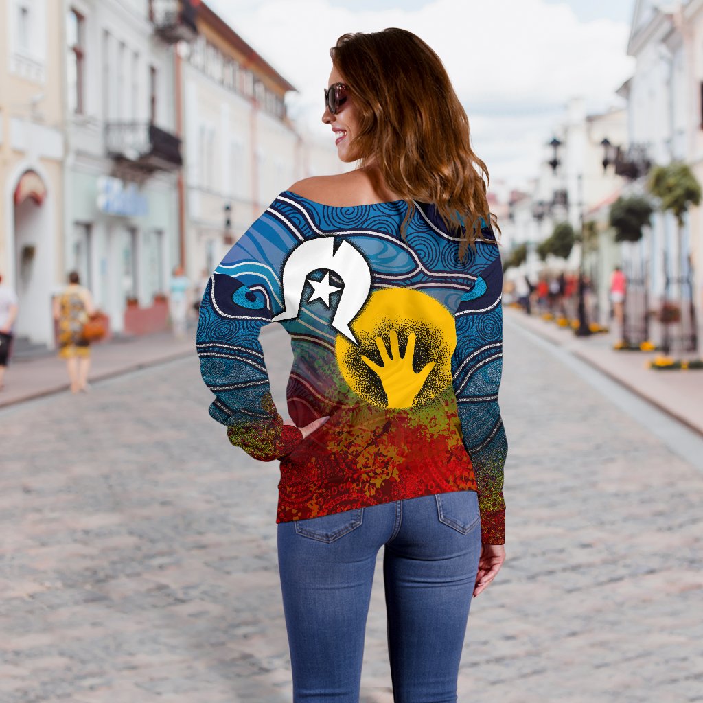 Aboriginal Women's Off Shoulder Sweater - Aboriginal and Torres Strait Islanders Flag - Vibe Hoodie