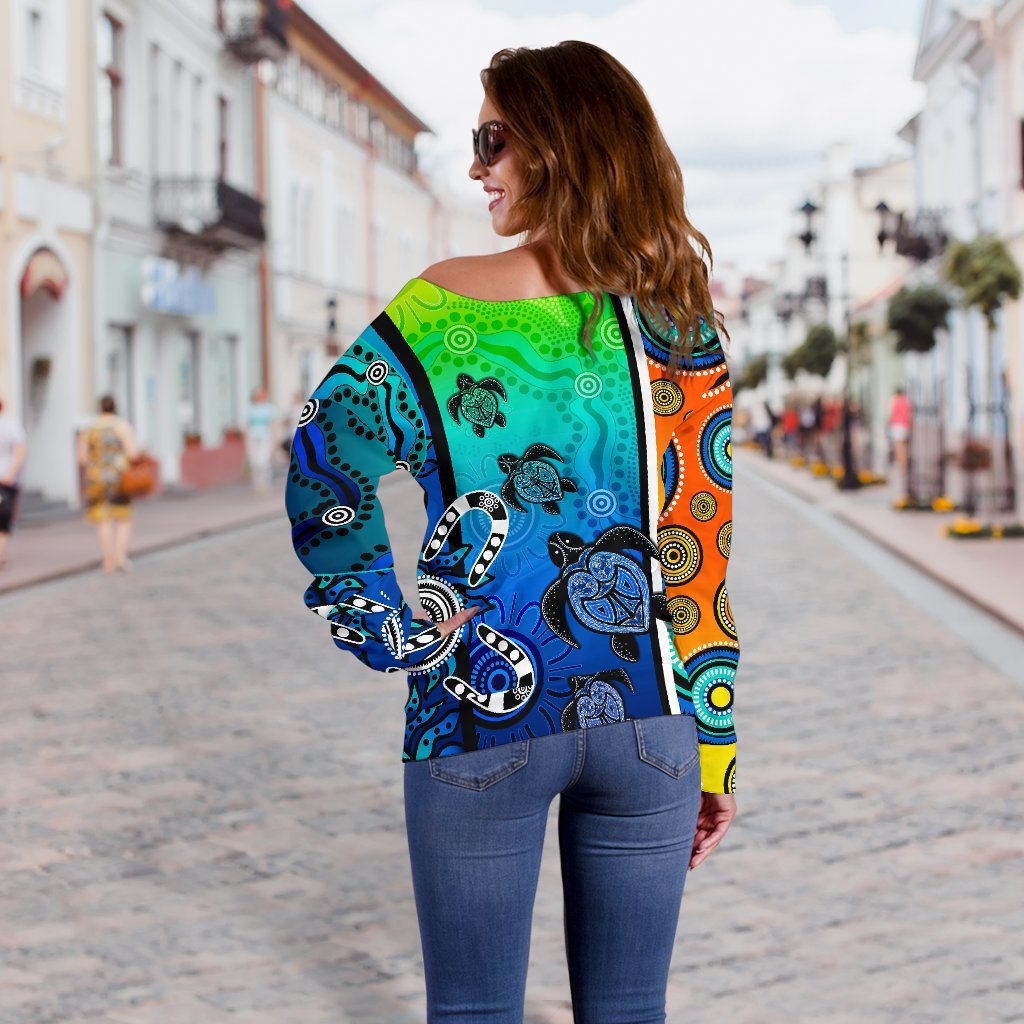 Aboriginal Women's Off Shoulder Sweater  - Indigenous Turtle Dot Painting Art - Vibe Hoodie