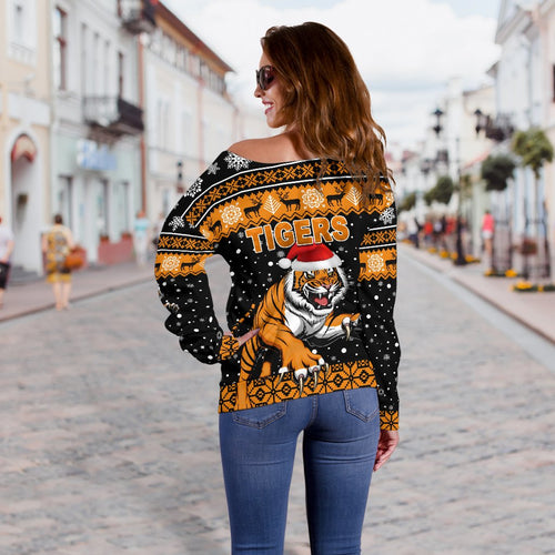 Wests Christmas Women's Off Shoulder Sweater Tigers Unique Vibes - Black - Vibe Hoodie