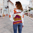 Brisbane Broncos Women's Off Shoulder Sweater Anzac Day Simple Style - White - Vibe Hoodie