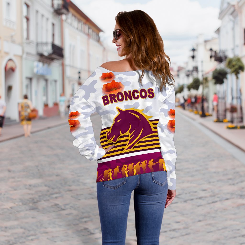 Brisbane Broncos Women's Off Shoulder Sweater Anzac Day Simple Style - White - Vibe Hoodie