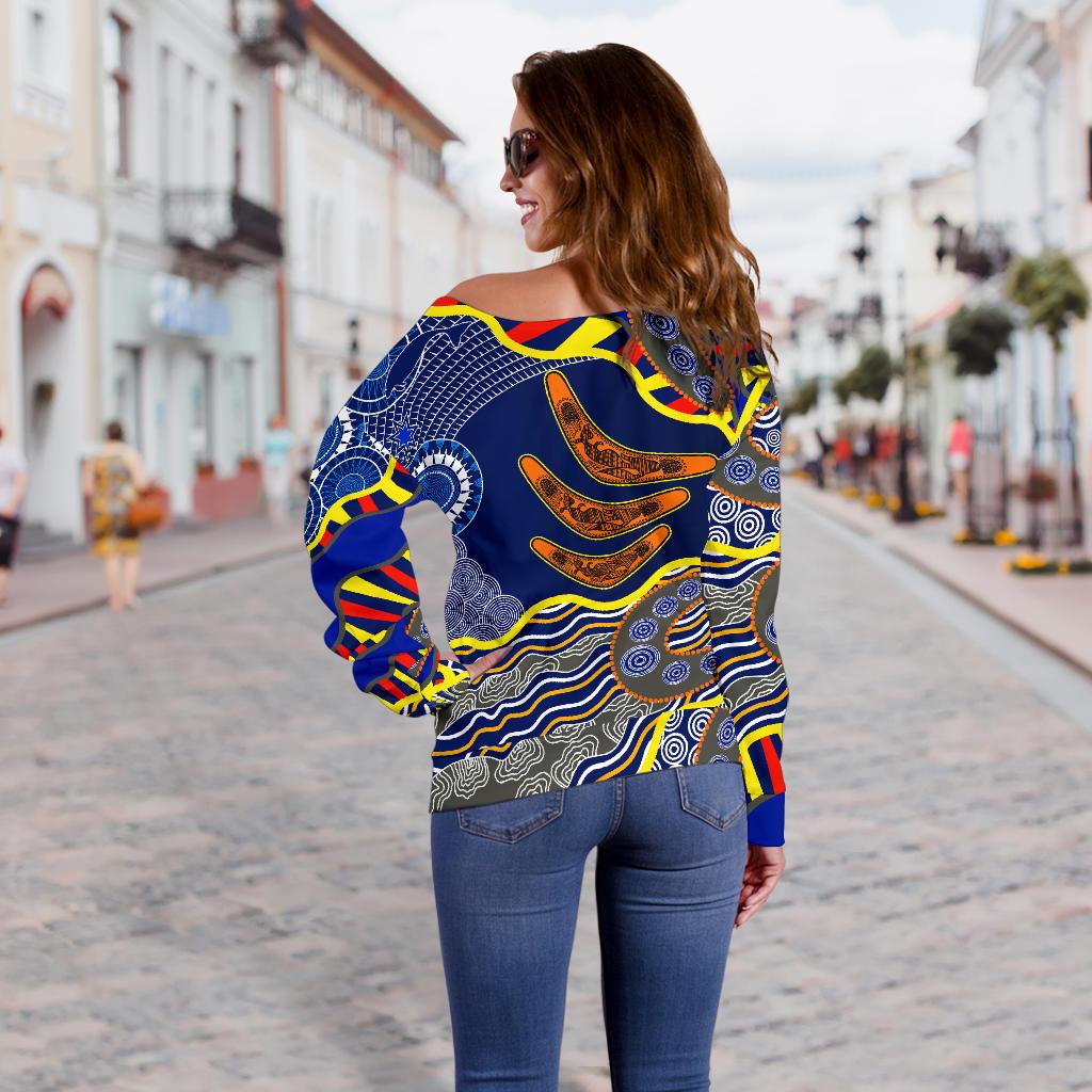 Aboriginal Off Shoulder Sweater, Australian Boomerang Dot Painting Art - Vibe Hoodie