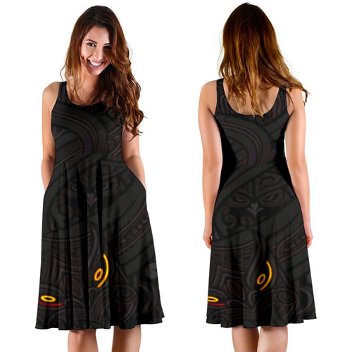 New Zealand Maori Gods Women Midi Dress Tumatauenga (God of War) - Black - Vibe Hoodie