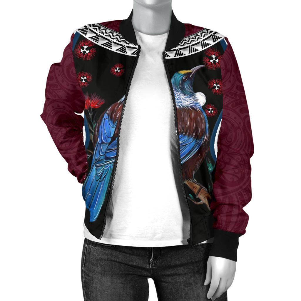 new-zealand-tui-bird-women-bomber-jacket-pohutukawa-burgundy