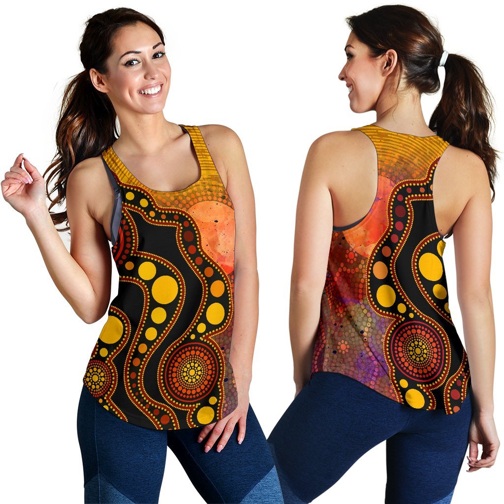 Aboriginal Women's Racerback Tank - Australia Indigenous Flag Circle Dot Painting Art (Golden) - Vibe Hoodie