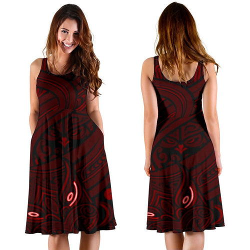 New Zealand Maori Gods Women Midi Dress Tumatauenga (God of War) - Red - Vibe Hoodie
