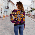 Aboriginal Women's Off Shoulder Sweater - Flowers Dot Panting Art - Vibe Hoodie