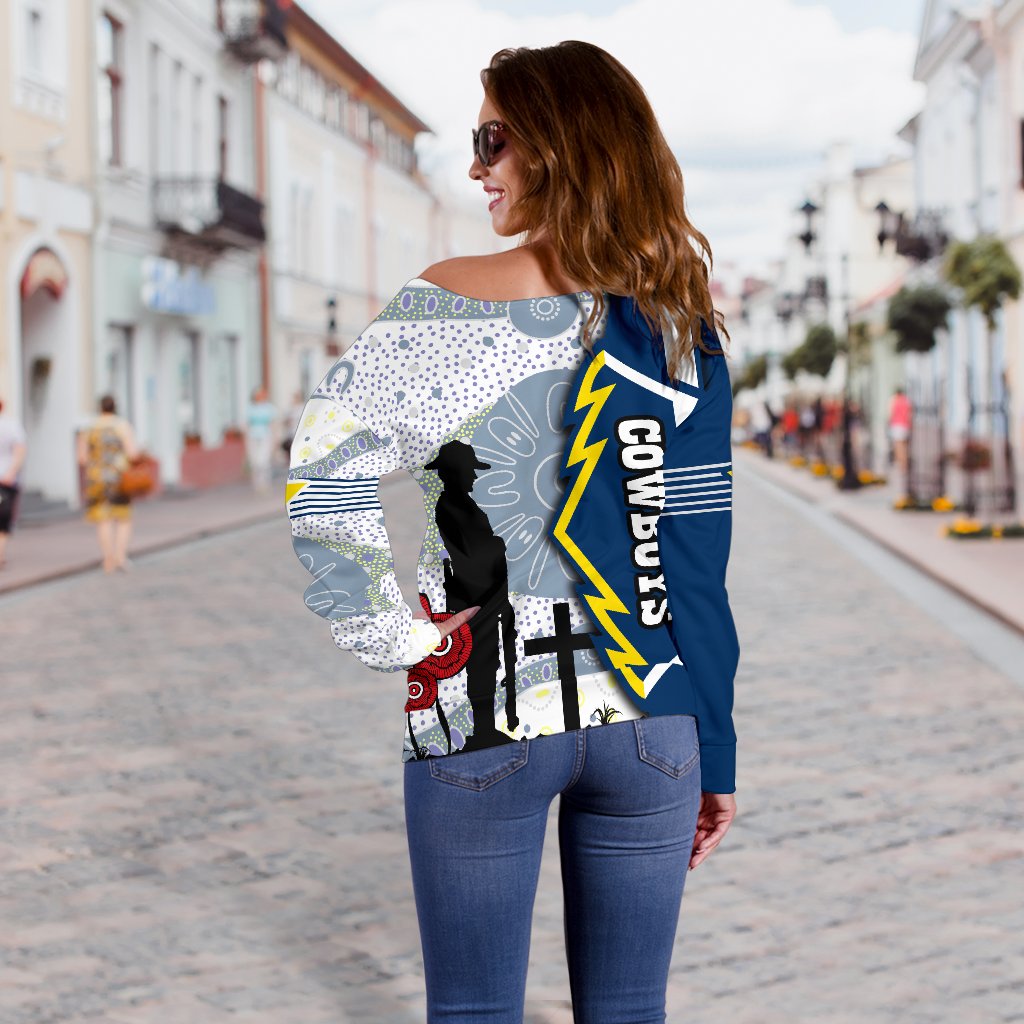 Cowboys Women Off Shoulder Sweater North Aboriginal Anzac Day - Vibe Hoodie
