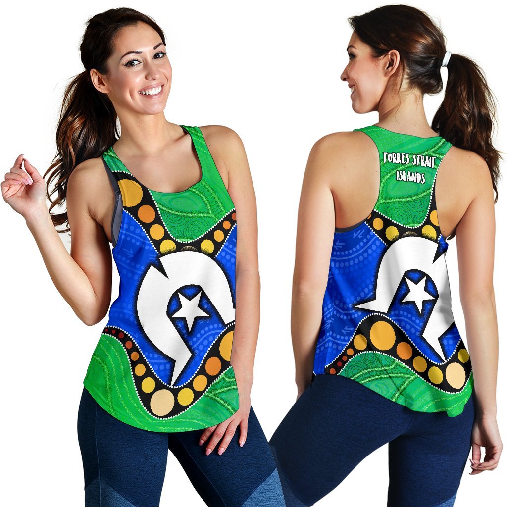Torres Strait Islands Women's Racerback Tank -  Flag with Aboriginal Patterns - Vibe Hoodie