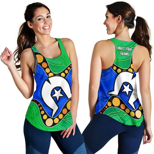 Torres Strait Islands Women's Racerback Tank -  Flag with Aboriginal Patterns - Vibe Hoodie