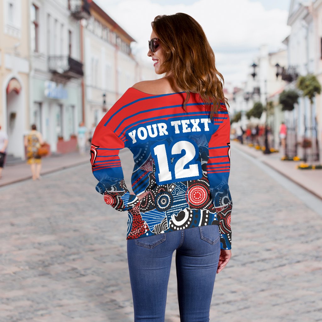 (Custom Personalised) Knights Women's Off Shoulder Sweater Newcastle Aboriginal Horizontal Style - Vibe Hoodie