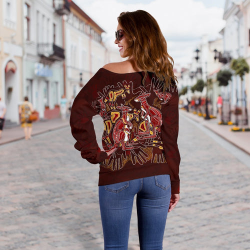 Aboriginal Women's Off Shoulder Sweater - Kangaroo family with Hand Art - Vibe Hoodie