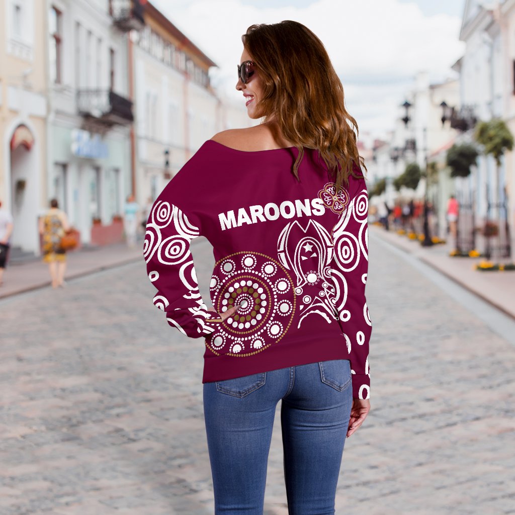 Queensland Women's Off Shoulder Sweater Maroons Simple Indigenous - Vibe Hoodie