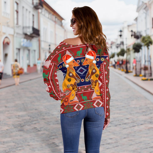Christmas Women's Off Shoulder Sweater - Mother Kangaroo In Christmas- - Vibe Hoodie