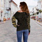 New Zealand Women's Off Shoulder Sweater, Maori Polynesian Tattoo Gold - Vibe Hoodie