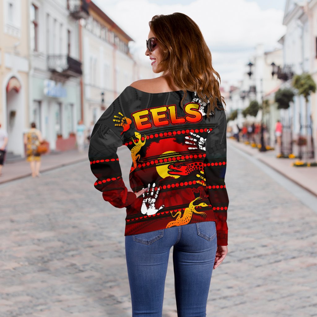 Naidoc Parramatta Eels Women's Off Shoulder Sweater Aboriginal Patterns Style Black - Vibe Hoodie