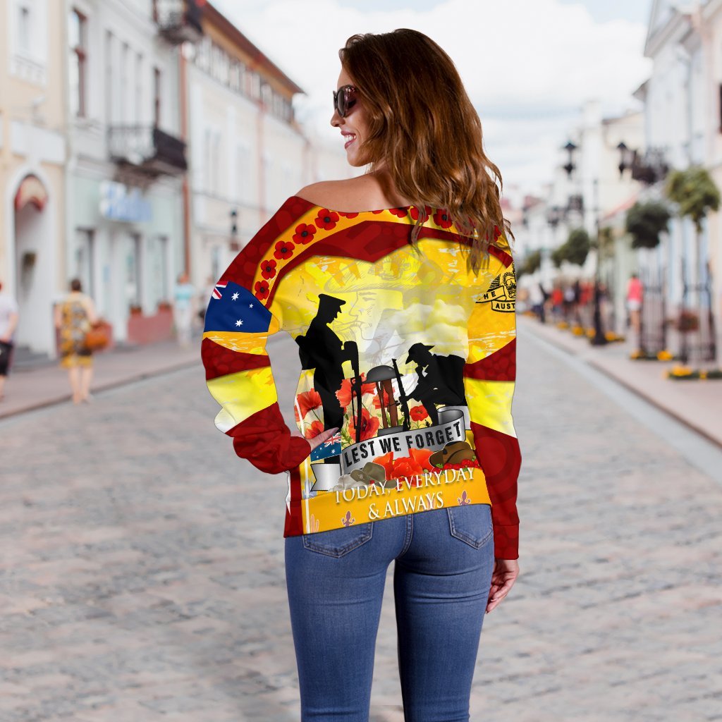 Anzac Women's Off Shoulder Sweater - Lest We Forget Aboriginal Version - Vibe Hoodie