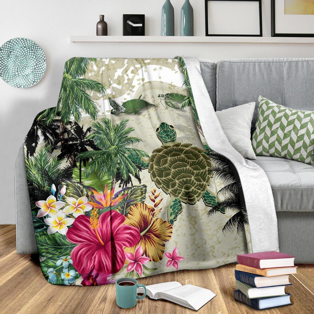 turtle-and-coconut-tree-premium-blanket-hibiscus-and-turtle-on-the-beach