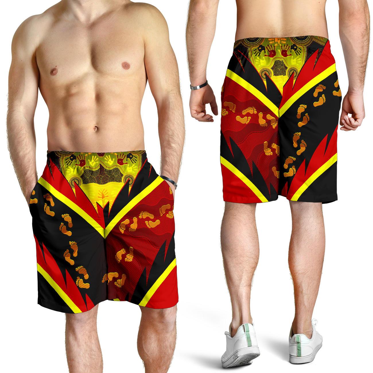 aboriginal-mens-shorts-indigenous-flag-with-footprint-hand-art