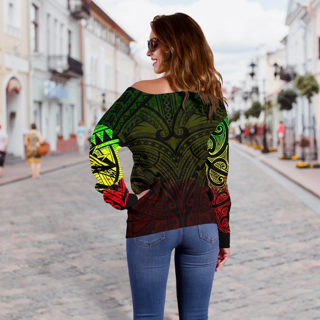 New Zealand Women's Off Shoulder Sweater, Maori Polynesian Tattoo Reggage - Vibe Hoodie
