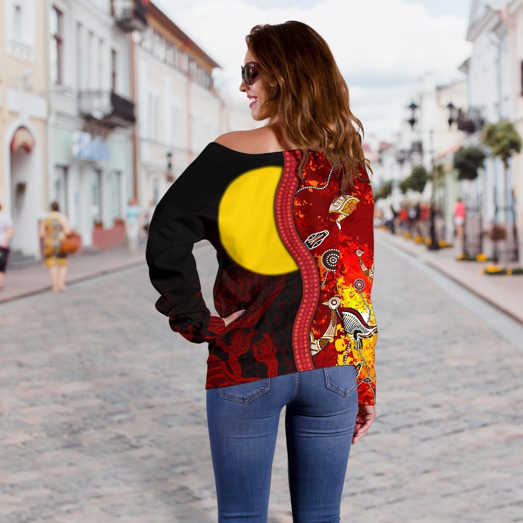 [Custom] Aboriginal Off Shoulder Sweater - Red Indigenous Flag - Vibe Hoodie