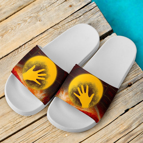 slide-sandals-indigenous-flag-hand-art-white