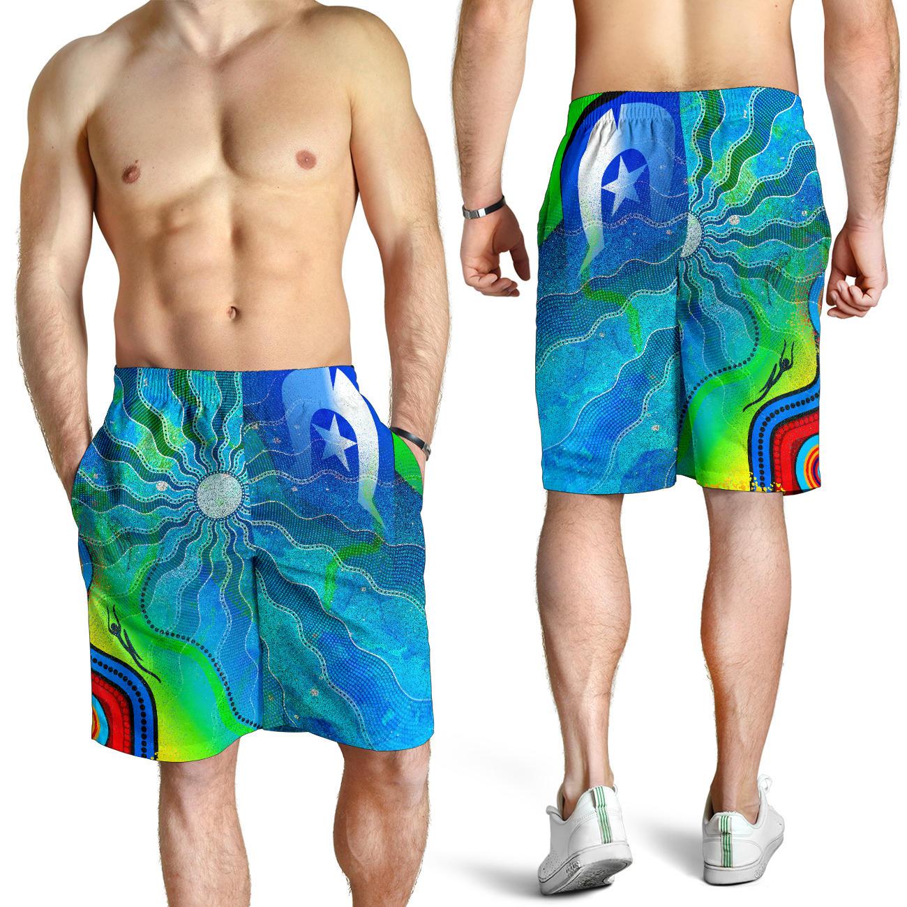 mens-shorts-torres-strait-islanders-flag-with-aboriginal-patterns-shorts