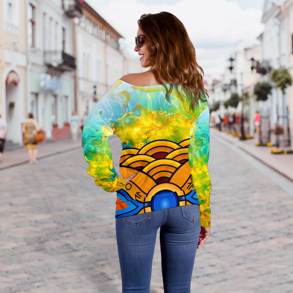 Aboriginal Women's Off Shoulder Sweater, Australia Kangaroo Sky - Vibe Hoodie