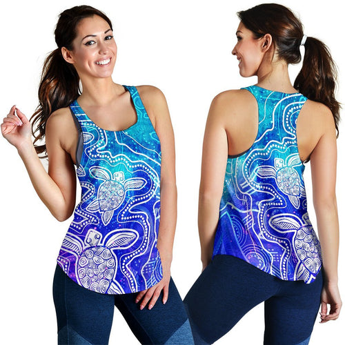 Aboriginal Women's Racerback Tank - Sea Turtle With Indigenous Patterns (Blue) - Vibe Hoodie