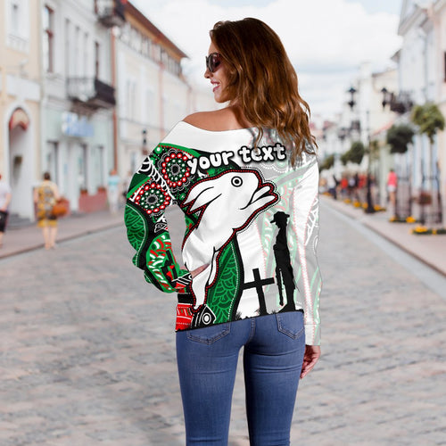 (Custom Personalised) Rabbitohs Women's Off Shoulder Sweater Indigenous Anzac Day - Vibe Hoodie