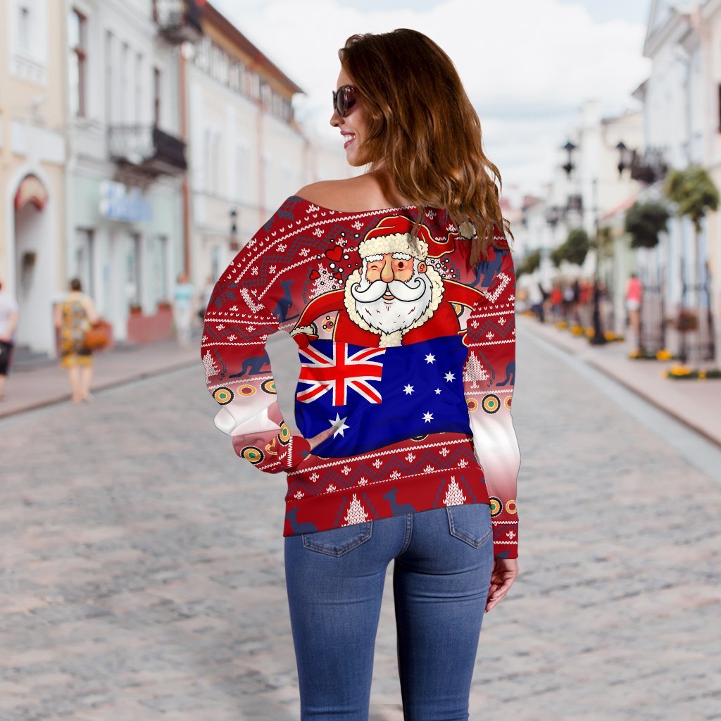 Christmas Women's Off Shoulder Sweater - Australia Santa Claus Hold The Flag ( Red) - Vibe Hoodie