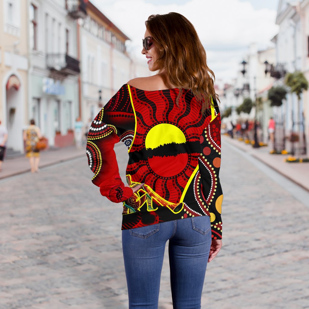 Off Shoulder Sweater - Australia Aboriginal Dots With Didgeridoo - Vibe Hoodie