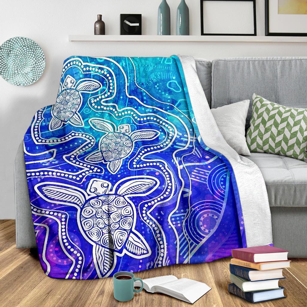 aboriginal-premium-blanket-sea-turtle-with-indigenous-patterns-blue