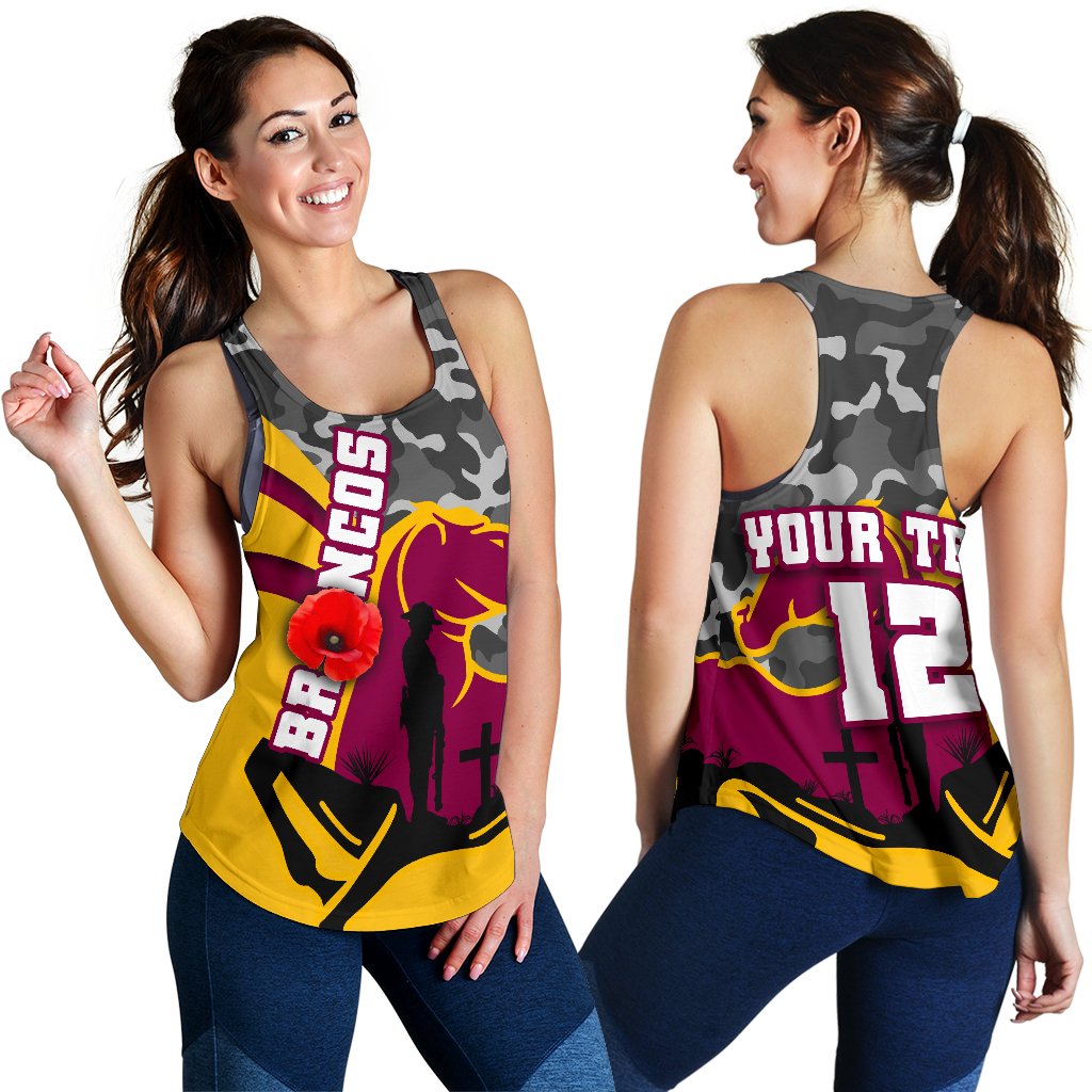 (Custom Personalised) Brisbane Broncos Women's Racerback Tank Anzac Day - Camo Style - Vibe Hoodie