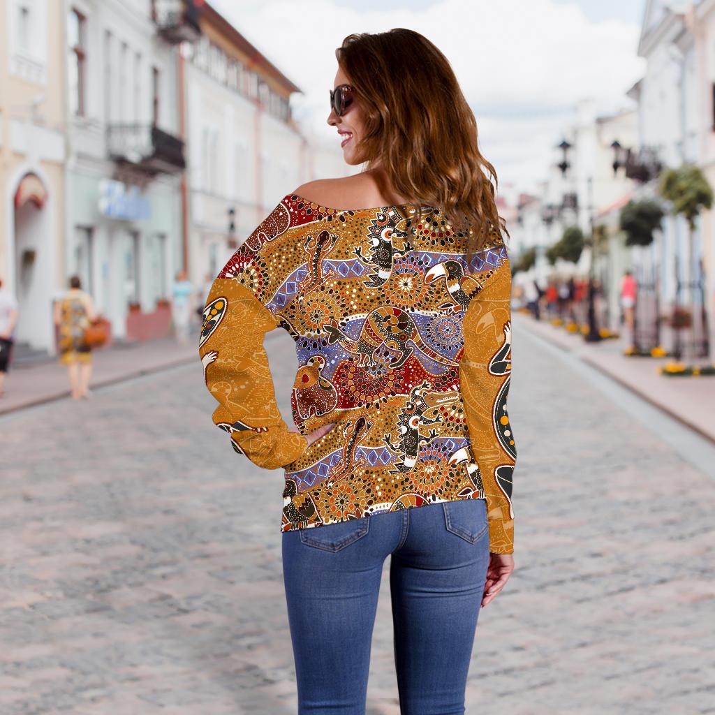 Off Shoulder Sweater - Aboriginal Patterns Sweater Australian Animals - Vibe Hoodie
