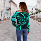 New Zealand Maori Mangopare Women Off Shoulder Sweater Polynesian - Turquoise - Vibe Hoodie
