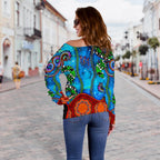 Aboriginal Women's Off Shoulder Sweater - Aussie Indigenous Patterns Blue - Vibe Hoodie