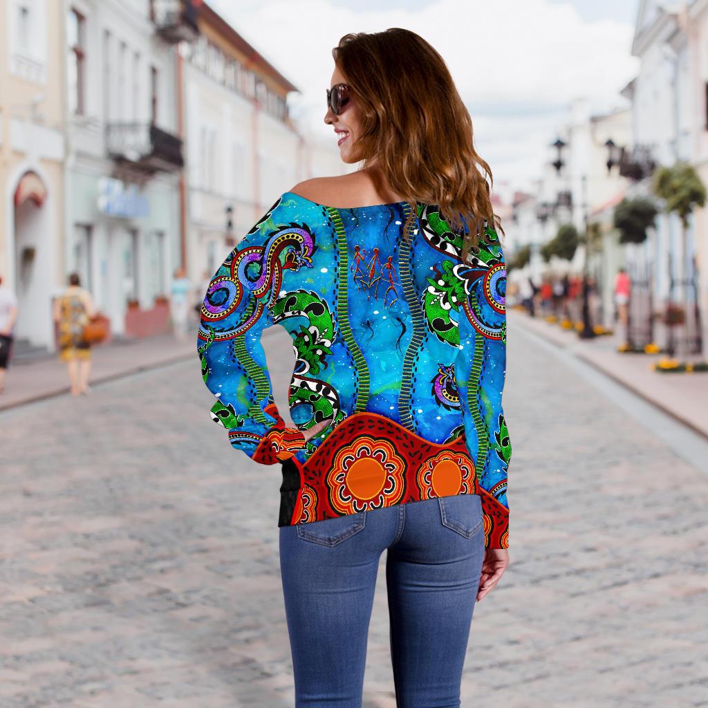 Aboriginal Women's Off Shoulder Sweater - Aussie Indigenous Patterns Blue - Vibe Hoodie