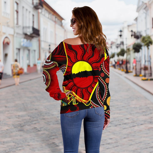 [Custom] Off Shoulder Sweater - Australia Aboriginal Dots With Didgeridoo - Vibe Hoodie