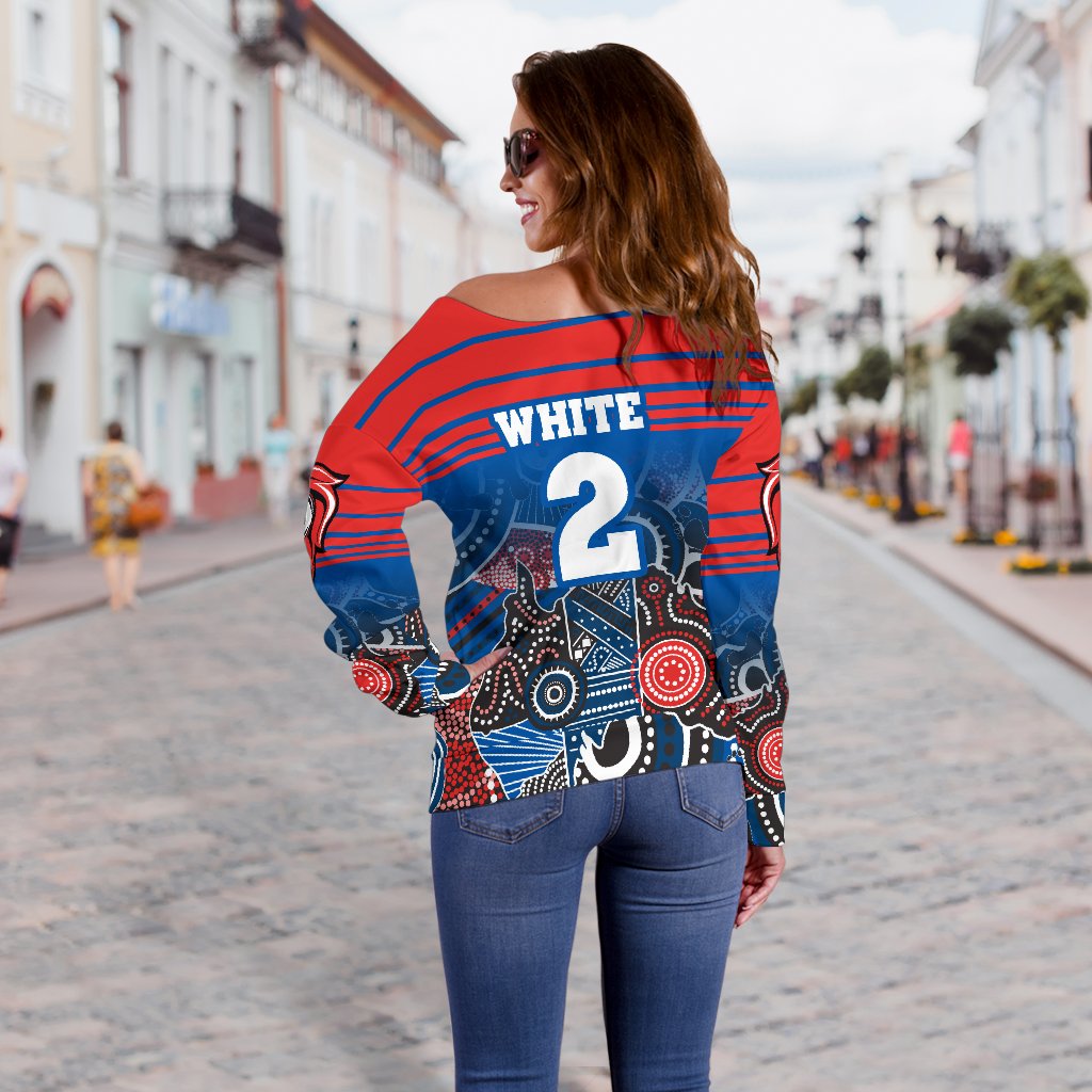 (Custom Personalised) Knights Women's Off Shoulder Sweater Newcastle Aboriginal Horizontal Style - White TH12 - Vibe Hoodie