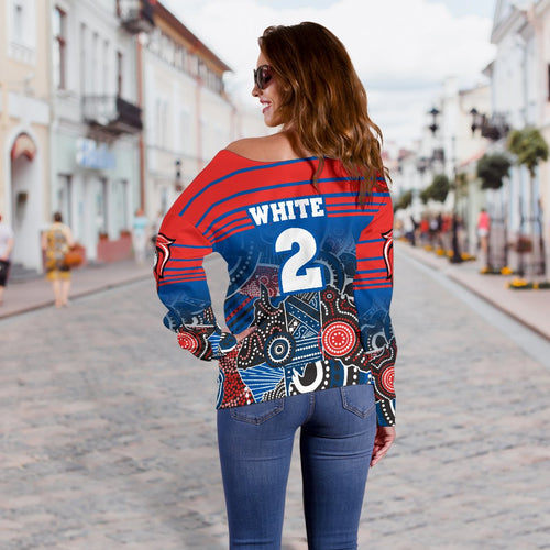 (Custom Personalised) Knights Women's Off Shoulder Sweater Newcastle Aboriginal Horizontal Style - White TH12 - Vibe Hoodie