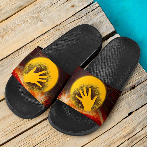 slide-sandals-indigenous-flag-hand-art-black