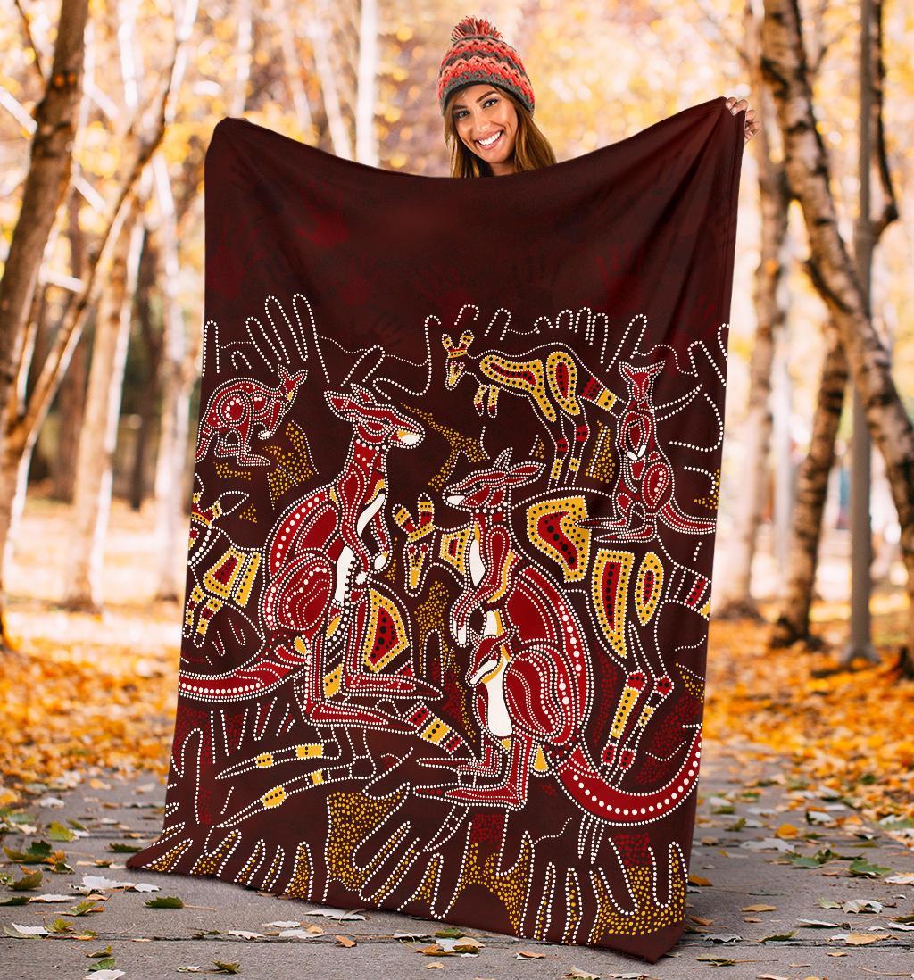 custom-aboriginal-premium-blanket-kangaroo-family-with-hand-art