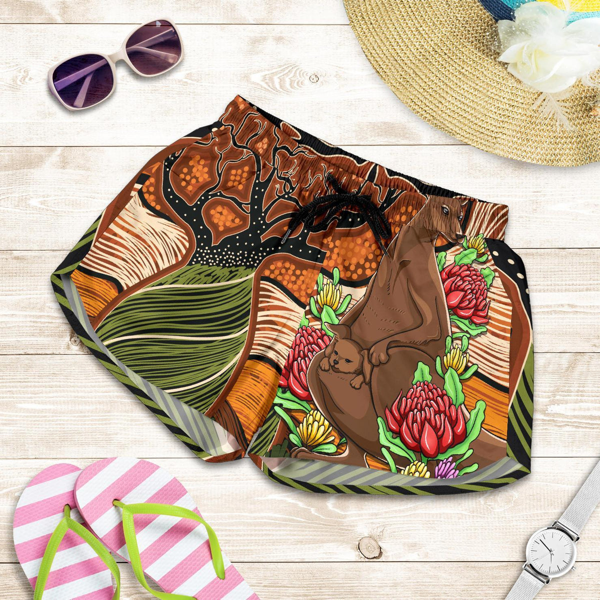 Aboriginal Women's Shorts - Kangaroo With Indigenous Tree - Vibe Hoodie